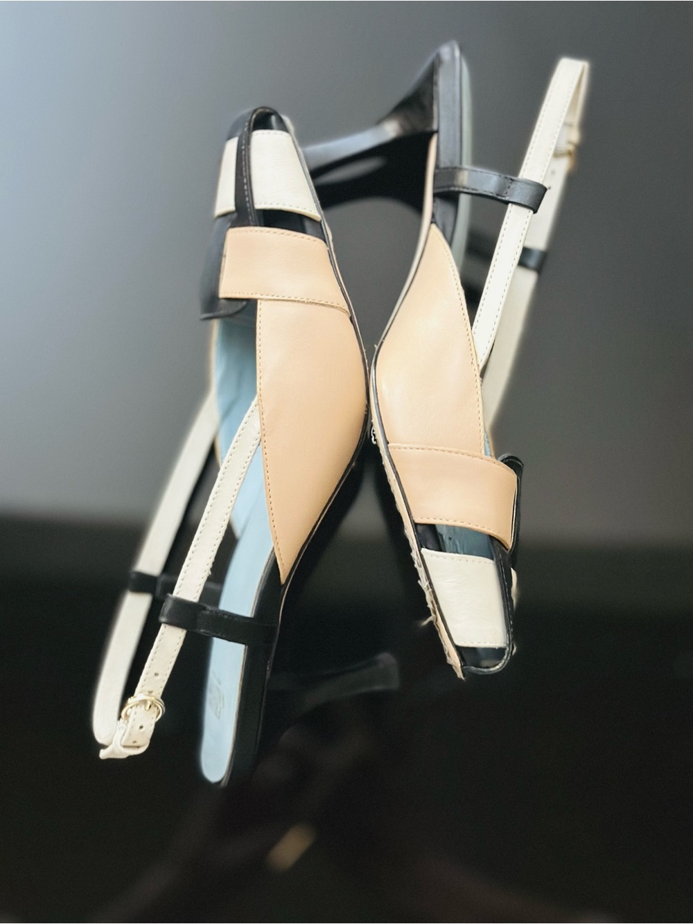 Frances Valentine Tri-Color Slingback Pumps in Beige, Black & White - Picture 4 of 8